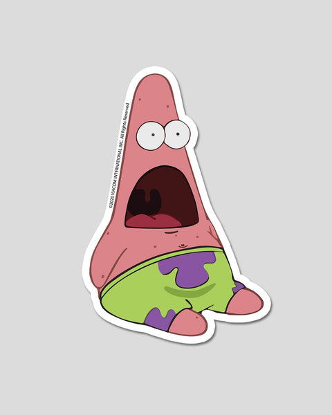 Patrick Star character sticker with shocked expression, wide eyes, and open mouth, wearing green shorts with purple accents.