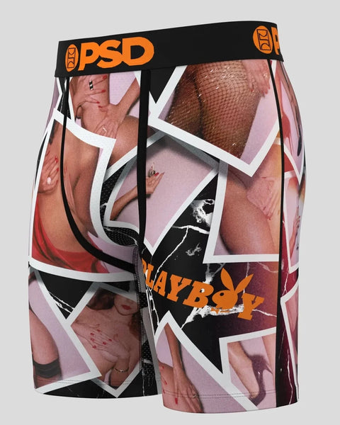 PSD boxer briefs with black waistband, featuring collage of polaroid-style images and Playboy branding.