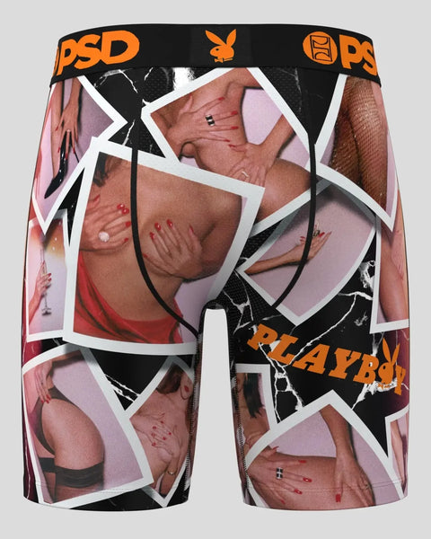 Black and pink PSD boxer shorts with Playboy bunny logo and polaroid-style photo collage print.