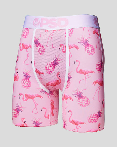 Pink boxer shorts with flamingo and pineapple print, mesh panel center front, purple PSD waistband.