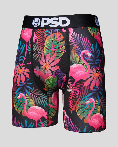 Black boxer briefs with pink flamingos, tropical leaves, and colorful flowers throughout, PSD waistband.
