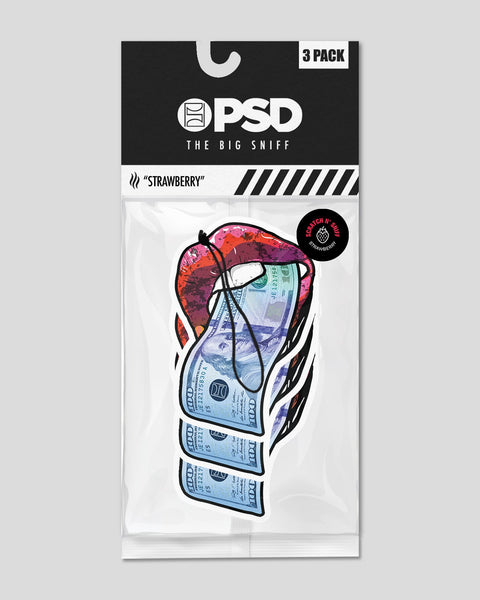 Three-pack of PSD scented air fresheners in Strawberry flavor featuring colorful graphic design with money and face illustrat