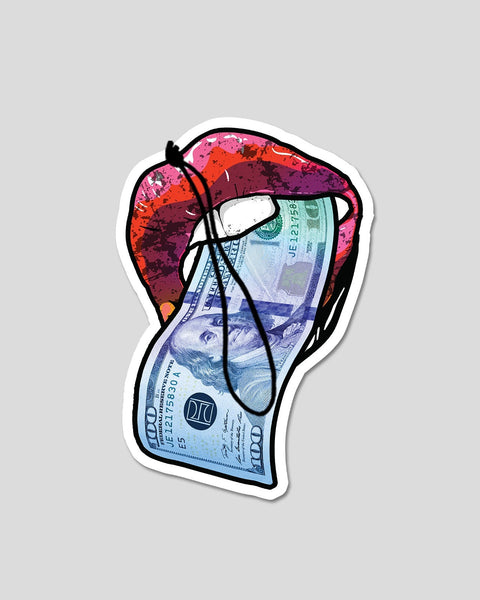 Colorful sticker with wide-open mouth design combining currency and abstract artwork with white border.