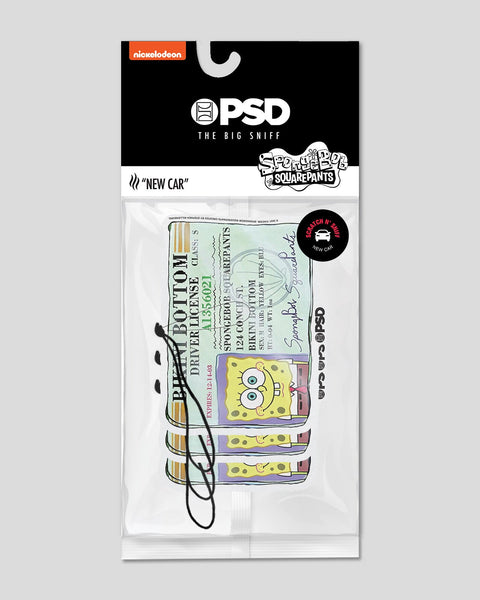 Three SpongeBob SquarePants car air fresheners with "New Car" scent and printed license design in retail packaging.