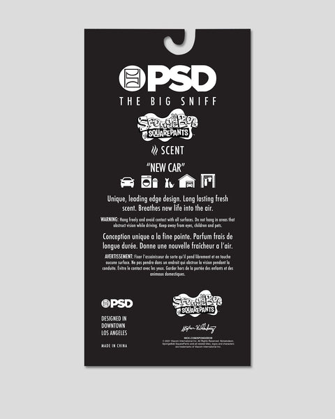 Black PSD packaging card for SpongeBob SquarePants "New Car" scent with white text and logos.