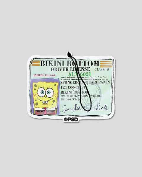 SpongeBob SquarePants Bikini Bottom driver license sticker with character illustration and expiration date.