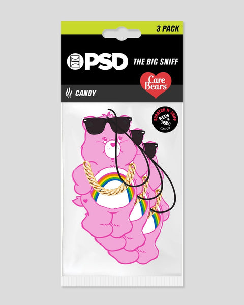 Three pink Care Bears air fresheners with sunglasses and rainbow chests on PSD branded packaging.