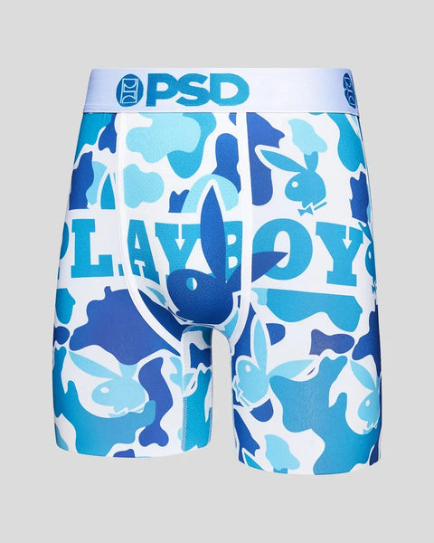 PSD boxer briefs with blue and light blue camouflage pattern, Playboy bunny logo, and white waistband.