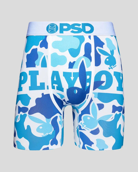 PSD boxer briefs with blue and white camouflage pattern and Playboy bunny logo graphic.