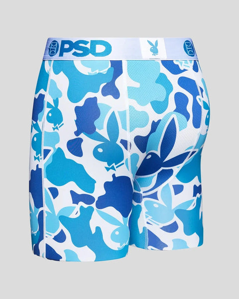 Blue and white camouflage boxer briefs with Playboy bunny logo and PSD waistband.