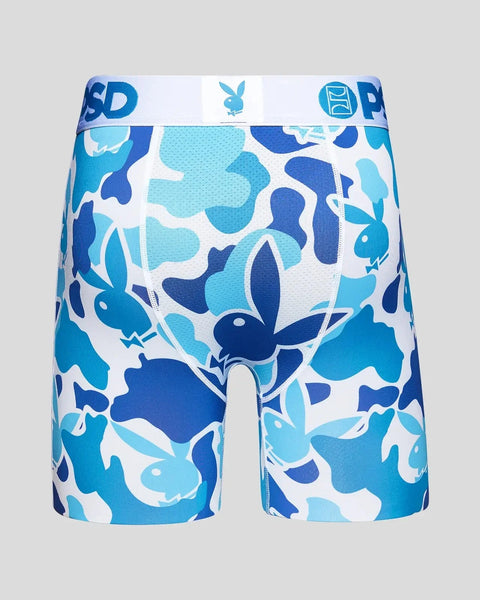 Blue and white camouflage patterned boxer shorts with Playboy bunny logo waistband.