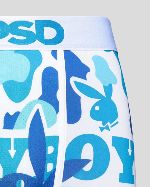 White boxer briefs with blue and turquoise camouflage pattern and Playboy bunny logo on waistband.