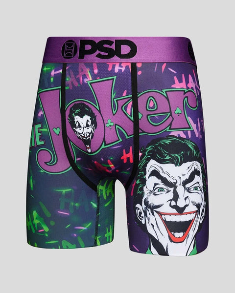 PSD boxer briefs with purple waistband featuring Joker character graphics in pink, green, and black.