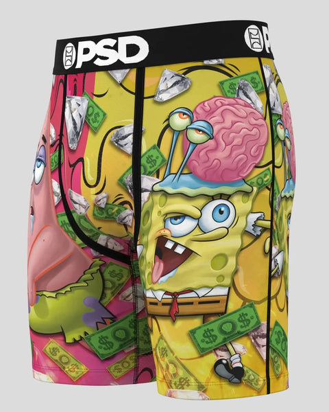 PSD boxer briefs with SpongeBob SquarePants character and money print on yellow and pink background.