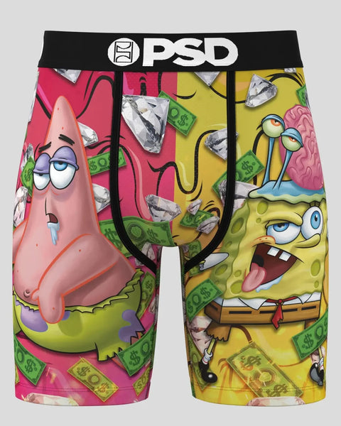 PSD boxer briefs featuring SpongeBob and Patrick with money and silver foil graphics on pink and yellow sections.
