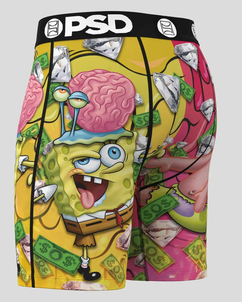 PSD men's boxer briefs featuring SpongeBob SquarePants with money, brain imagery, and colorful yellow and pink panels.