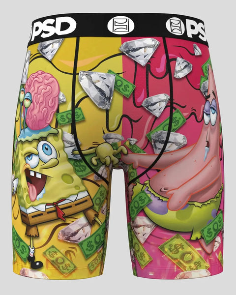 PSD boxer briefs featuring SpongeBob and Patrick with dollar bills and diamonds on yellow and pink panels.