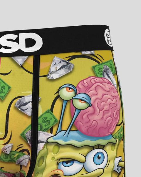 SpongeBob SquarePants underwear with printed diamond and money graphics on yellow background, black waistband with SD brandin