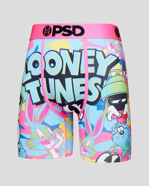 Looney Tunes boxer briefs featuring colorful cartoon characters and "LOONEY TUNES" text on bright pink and blue background wi