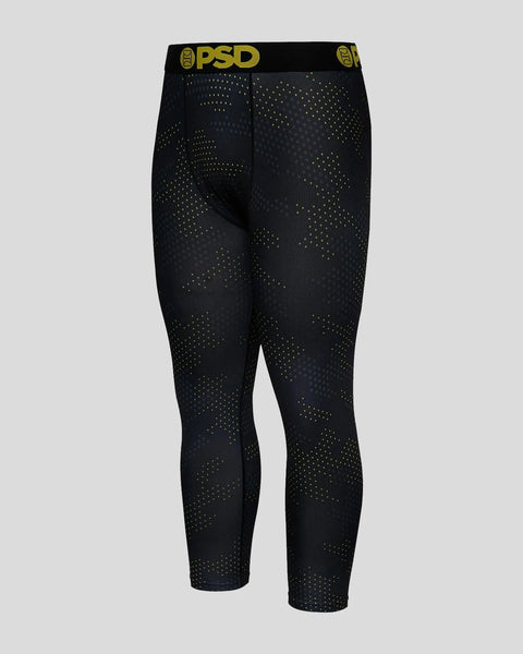Black 3/4 length tight with neon yellow camo dot pattern and gold PSD waistband.