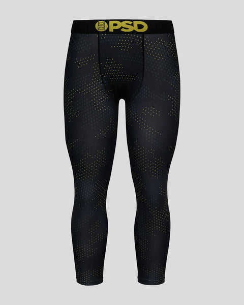 Black 3/4 length tights with neon yellow dot camo pattern and PSD waistband.