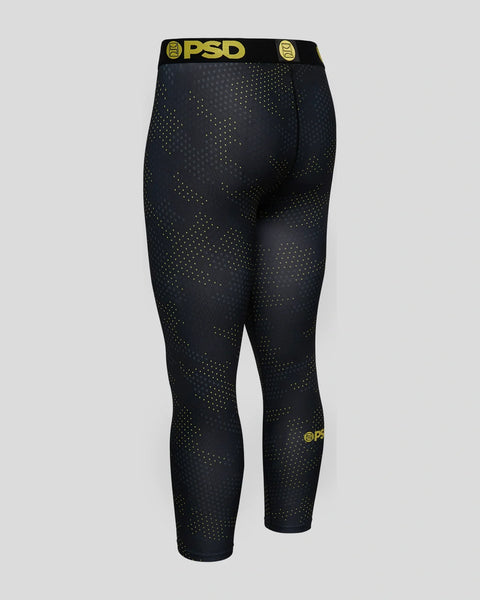 Black 3/4 length leggings with neon yellow camo dot pattern and PSD waistband.