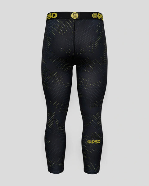 Black 3/4 length tights with neon yellow camo pattern and branded waistband and leg cuff.