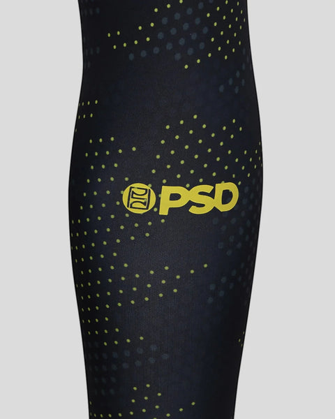 Black 3/4 length tight with neon yellow and gray camo dot pattern and PSD logo on thigh.