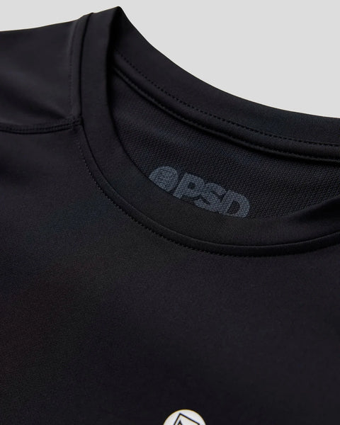 Black short-sleeve compression tee with crew neckline and tonal brand logo on chest.
