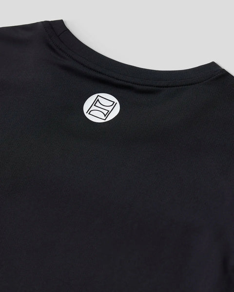 Black short-sleeve compression tee with white geometric logo on back neckline.
