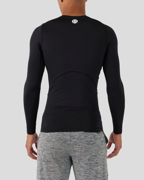 Black long-sleeve compression shirt with crew neckline and brand logo on back.