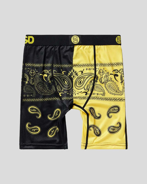 Black and yellow split boxer briefs with paisley and geometric pattern design throughout.