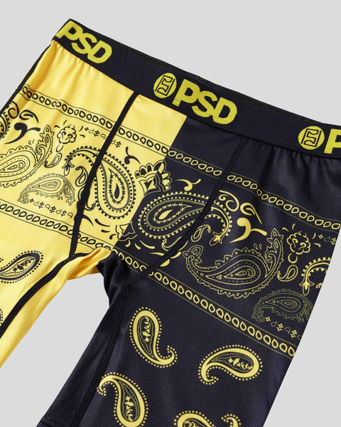 Yellow and black paisley patterned boxer briefs with PSD branded waistband.