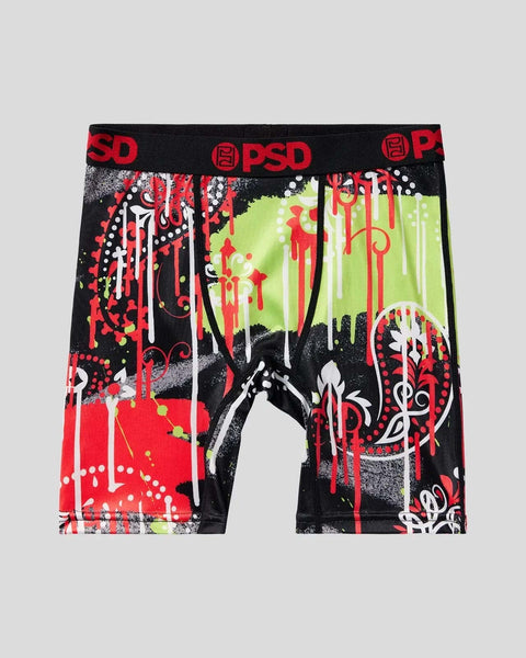Black boxer briefs with red, white, and neon green paisley drip pattern design and PSD branded waistband.