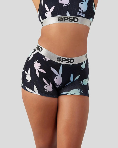 Black shorts and crop top set with multicolored rabbit silhouettes and white PSD waistbands.