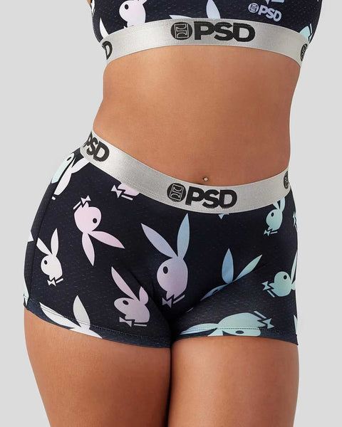 Black PSD boxer shorts with multicolored Playboy bunny logo pattern and white waistband.