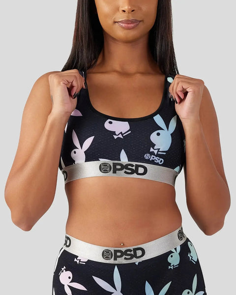 Black sports bra with pastel Playboy bunny print and silver PSD waistband.