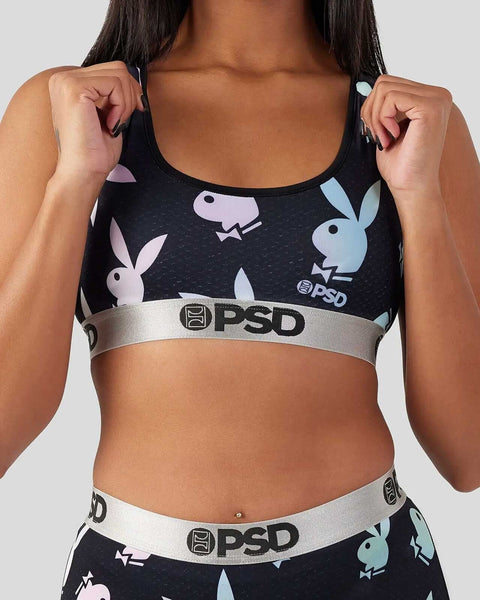 Black sports bra with pastel Playboy bunny heads and light blue waistband featuring PSD branding.