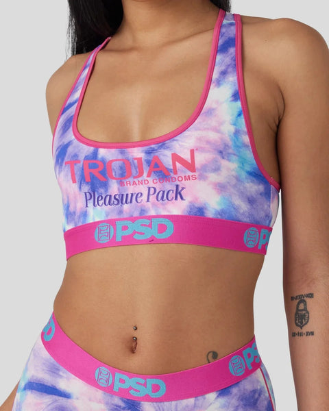 Trojan Pleasure Pack sports bra and underwear set with tie-dye print and pink trim.