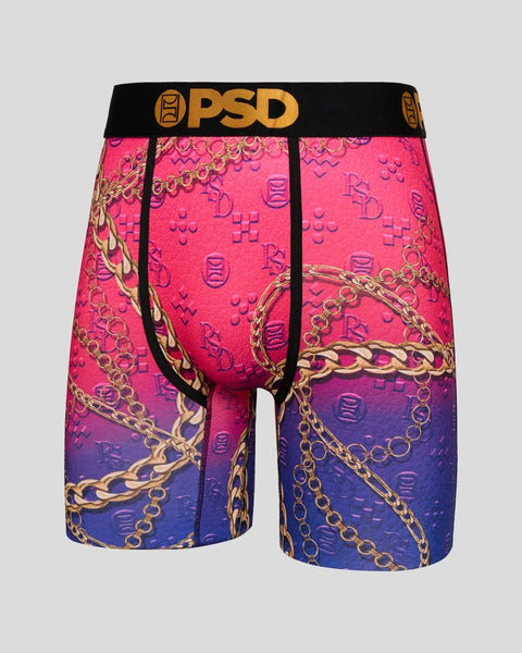 PSD boxer briefs with black waistband featuring gradient pink to blue fabric and gold chain pattern print.