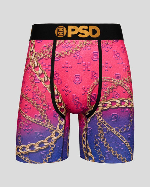 PSD boxer briefs with black waistband, gradient pink to blue fabric, and gold chain print design.