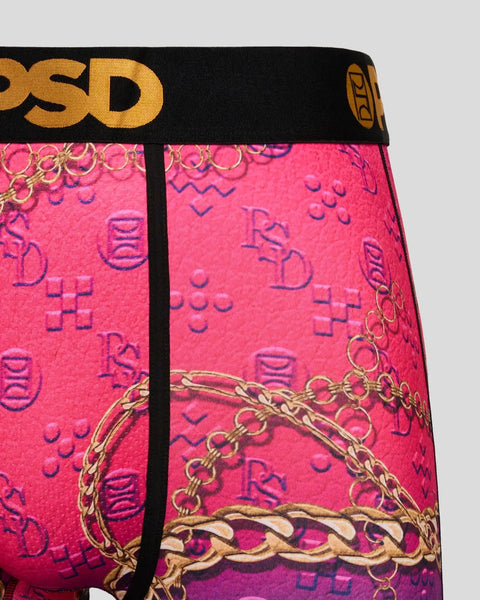 Hot pink briefs with gold chain and purple monogram print, black waistband with gold text.