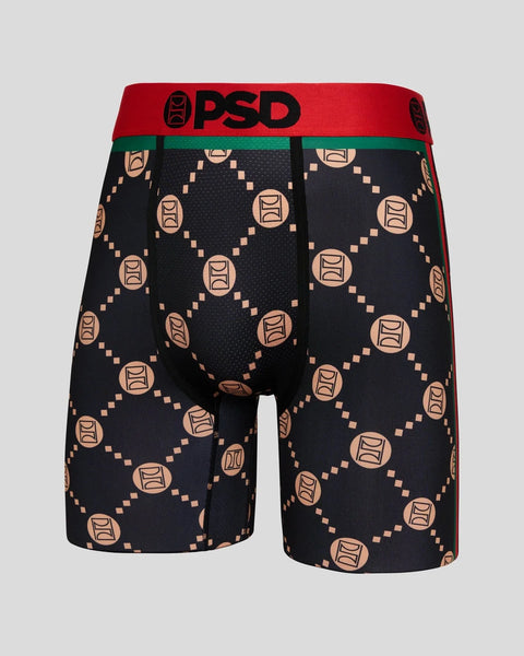 Black boxer briefs with tan geometric logo pattern, red PSD waistband with green trim.