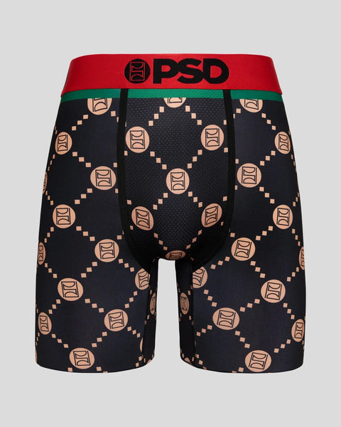 Black boxer briefs with repeating peach-colored emblem pattern, red waistband with PSD logo, and green accent stripe.