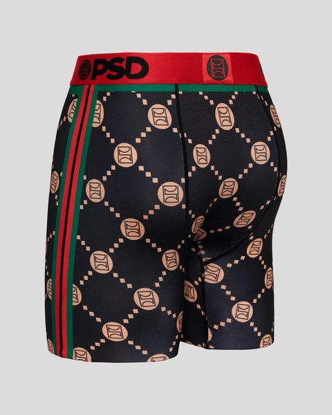 Black boxer briefs with peach geometric pattern and red PSD waistband with green and red side stripe.