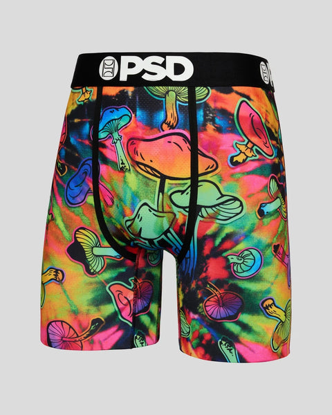 PSD boxer briefs with colorful mushroom and tie-dye pattern throughout, black waistband with white logo.