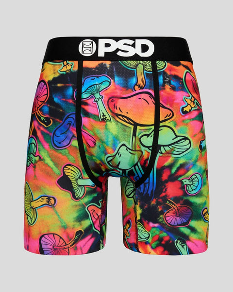 PSD boxer briefs with colorful tie-dye background and multicolor mushroom print throughout.