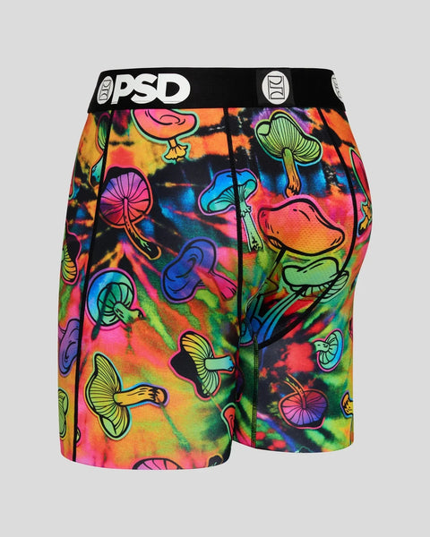 PSD boxer shorts with colorful tie-dye background and multicolored mushroom outline print throughout.