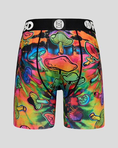 Colorful boxer briefs with multicolored tie-dye background and black outlined mushroom illustrations throughout, black waistb
