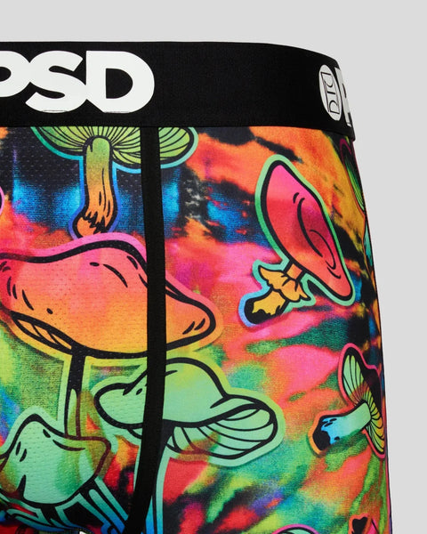 Black PSD waistband with colorful tie-dye and neon mushroom illustration pattern on fabric.